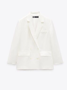 Zara White Double-Breasted Linen-Blend Blazer